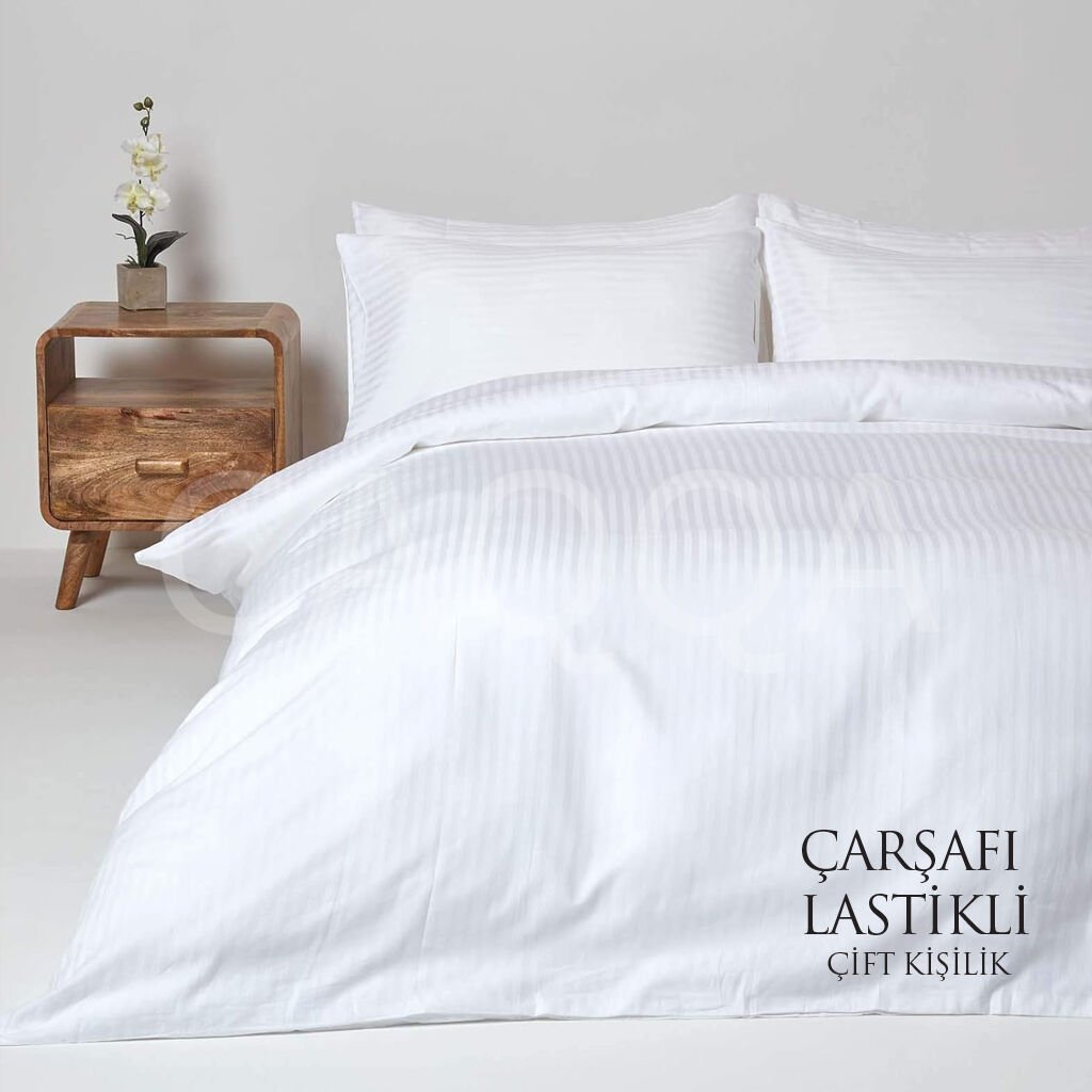 Çizgili Saten Beyaz Çift Kişilik Otel Nevresim Takımı | Çarşafı Lastikli