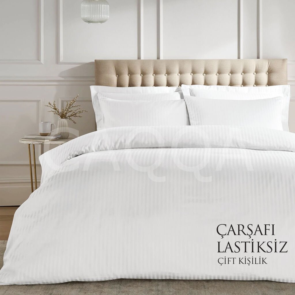 Çizgili Saten Beyaz Çift Kişilik Otel Nevresim Takımı | Çarşafı Lastiksiz (Düz)