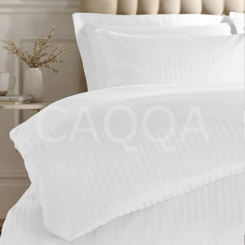 Çizgili Saten Beyaz Çift Kişilik Otel Nevresim Takımı | Çarşafı Lastiksiz (Düz)