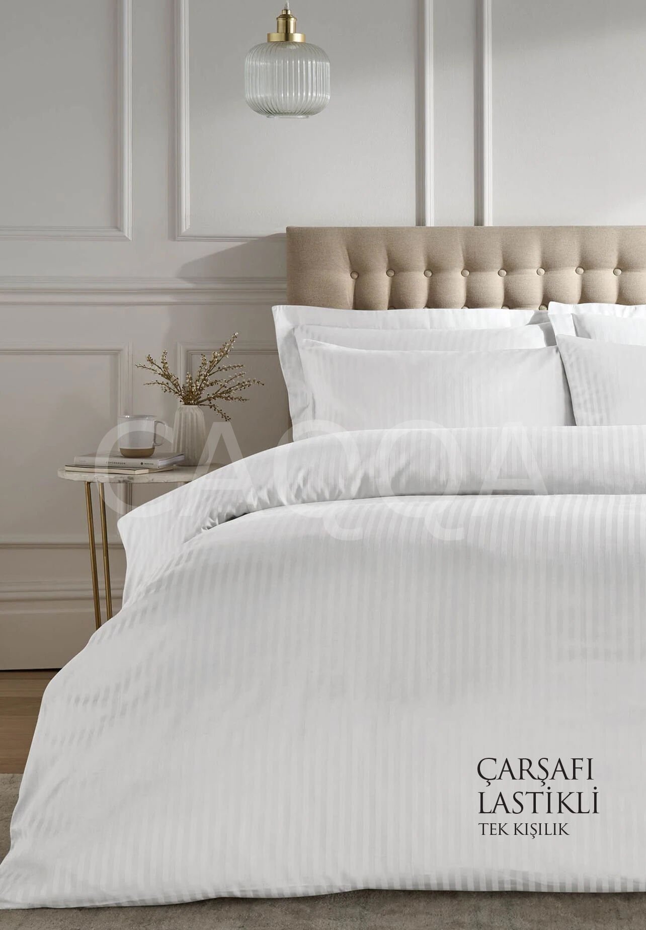 Çizgili Saten Beyaz Tek Kişilik Otel Nevresim Takımı | Çarşafı Lastikli