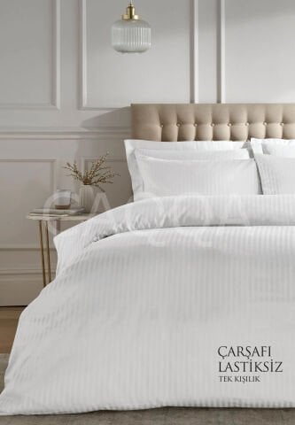 Çizgili Saten Beyaz Tek Kişilik Otel Nevresim Takımı | Çarşafı Lastiksiz