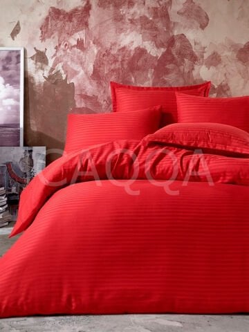 Çizgili Saten Kırmızı Tek Kişilik Nevresim Takımı