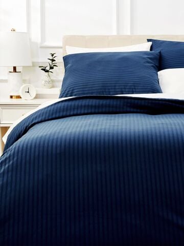 Çizgili Saten Lacivert Çift Kişilik Nevresim Takımı