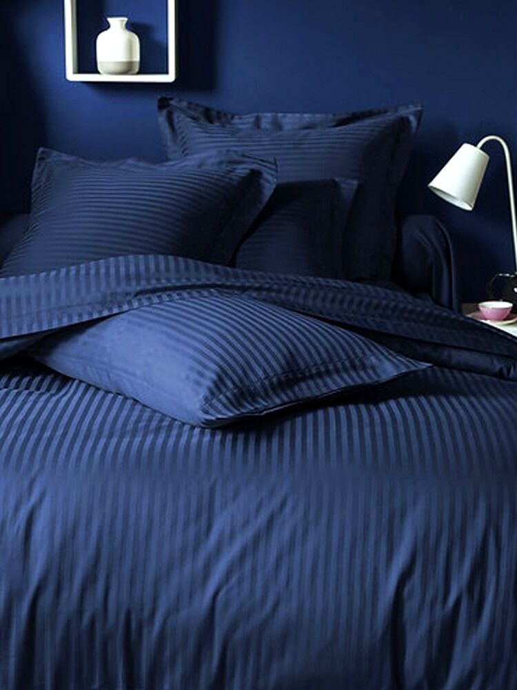 Çizgili Saten Lacivert Çift Kişilik Nevresim Takımı