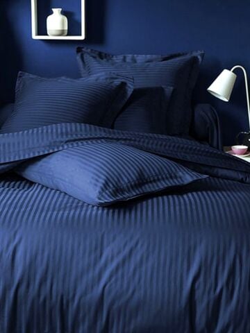 Çizgili Saten Lacivert Çift Kişilik Nevresim Takımı