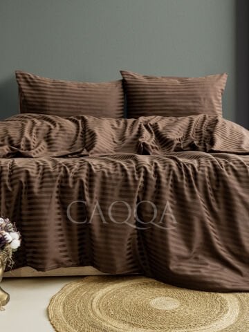 Çizgili Saten  Kahverengi Çift Kişilik Nevresim Takımı
