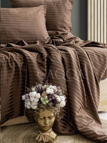 Çizgili Saten  Kahverengi Çift Kişilik Nevresim Takımı