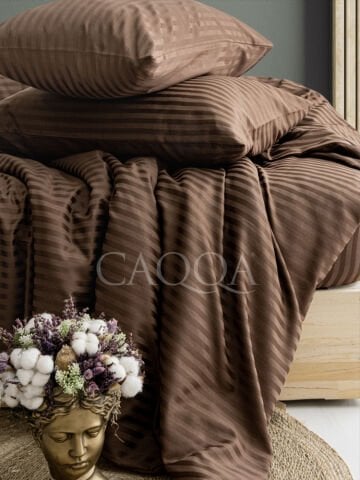 Çizgili Saten  Kahverengi Çift Kişilik Nevresim Takımı